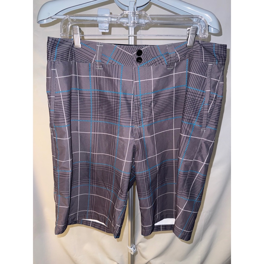 Quiksilver Mens Board Shorts Grey Blue Plaid Surf Swim Trunks Cargo Pockets 38